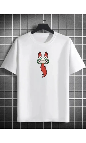 Unisex Bisiklet Yaka Baskılı Oversize T-Shirt - Beyaz