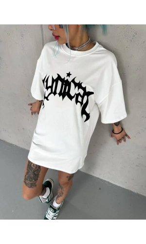Unisex Bisiklet Yaka Baskılı Oversize T-Shirt - Beyaz