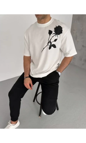 Unisex Bisiklet Yaka Baskılı Oversize T-Shirt - Beyaz