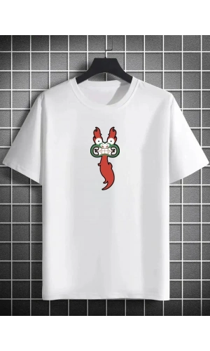 Unisex Bisiklet Yaka Baskılı Oversize T-Shirt - Beyaz