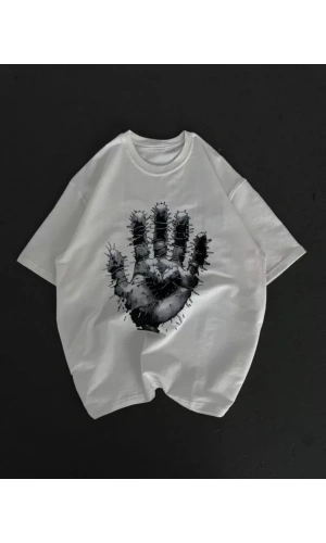 Unisex Bisiklet Yaka Baskılı Oversize T-Shirt - Beyaz