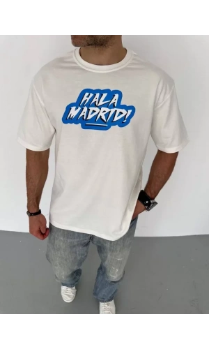 Unisex Bisiklet Yaka Baskılı Oversize T-Shirt - Beyaz