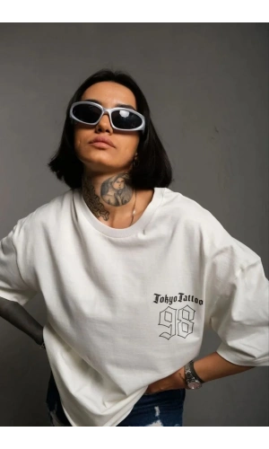 Unisex Bisiklet Yaka Baskılı Oversize T-Shirt - Beyaz