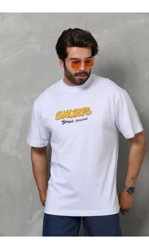 Unisex Bisiklet Yaka Baskılı Oversize T-Shirt - Beyaz