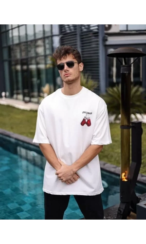 Unisex Bisiklet Yaka Baskılı Oversize T-Shirt - Beyaz