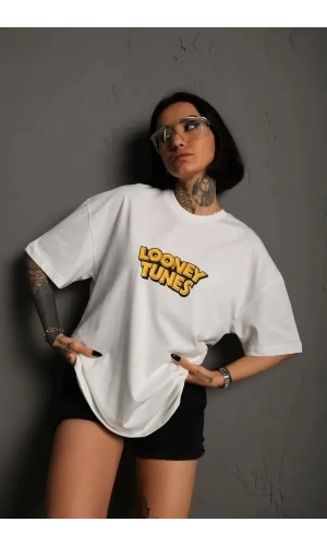 Unisex Bisiklet Yaka Baskılı Oversize T-Shirt - Beyaz