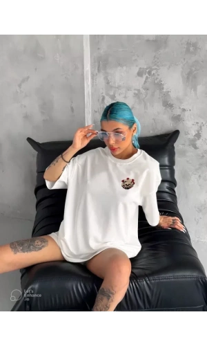 Unisex Bisiklet Yaka Baskılı Oversize T-Shirt - Beyaz