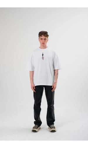 Unisex Bisiklet Yaka Baskılı Oversize T-Shirt - Beyaz