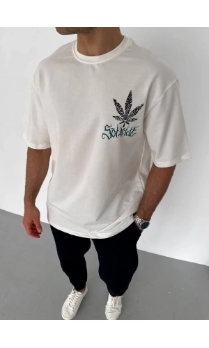 Unisex Bisiklet Yaka Baskılı Oversize T-Shirt - Beyaz