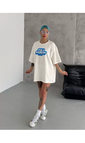 Unisex Bisiklet Yaka Baskılı Oversize T-Shirt - Beyaz