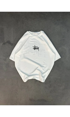 Unisex Bisiklet Yaka Baskılı Oversize T-Shirt - Beyaz