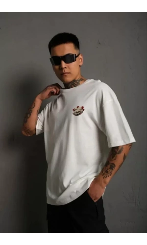 Unisex Bisiklet Yaka Baskılı Oversize T-Shirt - Beyaz