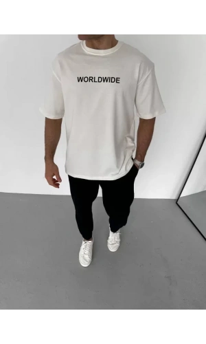 Unisex Bisiklet Yaka Baskılı Oversize T-Shirt - Beyaz