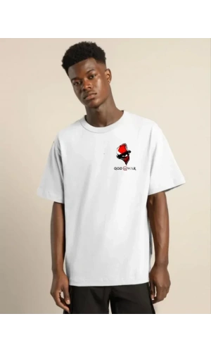 Unisex Bisiklet Yaka Baskılı Oversize T-Shirt - Beyaz