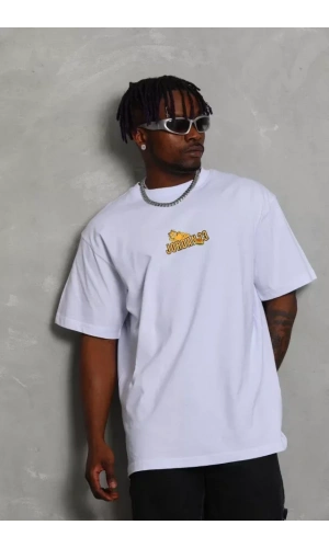 Unisex Bisiklet Yaka Baskılı Oversize T-Shirt - Beyaz