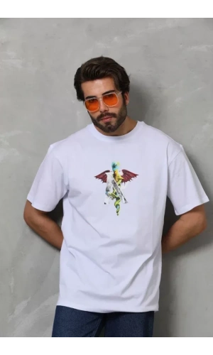 Unisex Bisiklet Yaka Baskılı Oversize T-Shirt - Beyaz