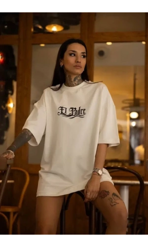 Unisex Bisiklet Yaka Baskılı Oversize T-Shirt - Beyaz
