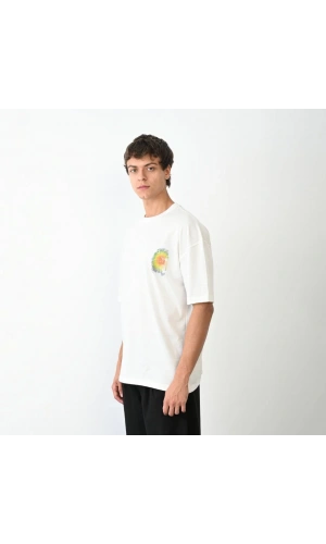 Unisex Bisiklet Yaka Baskılı Oversize T-Shirt - Beyaz