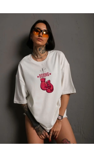 Unisex Bisiklet Yaka Baskılı Oversize T-Shirt - Beyaz