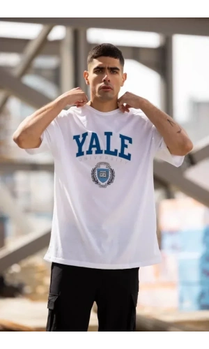 Unisex Bisiklet Yaka Baskılı Oversize T-Shirt - Beyaz