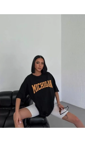 Unisex Bisiklet Yaka Baskılı Oversize T-Shirt - Beyaz