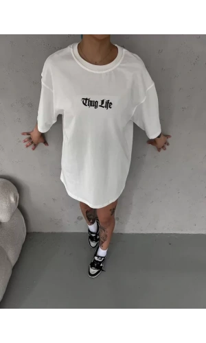 Unisex Bisiklet Yaka Baskılı Oversize T-Shirt - Beyaz