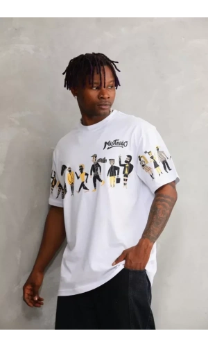 Unisex Bisiklet Yaka Baskılı Oversize T-Shirt - Beyaz