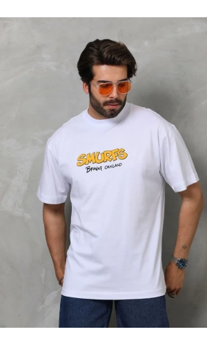 Unisex Bisiklet Yaka Baskılı Oversize T-Shirt - Beyaz