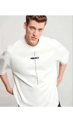 Unisex Bisiklet Yaka Baskılı Oversize T-Shirt - Beyaz