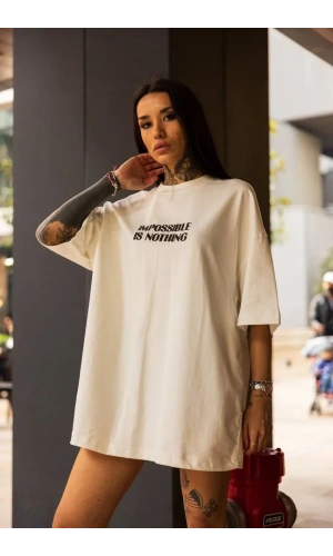 Unisex Bisiklet Yaka Baskılı Oversize T-Shirt - Beyaz