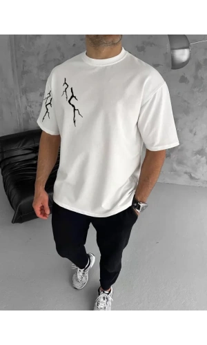 Unisex Bisiklet Yaka Baskılı Oversize T-Shirt - Beyaz