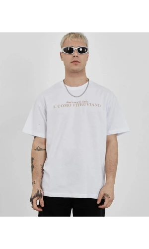 Unisex Bisiklet Yaka Baskılı Oversize T-Shirt - Beyaz