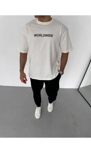 Unisex Bisiklet Yaka Baskılı Oversize T-Shirt - Beyaz