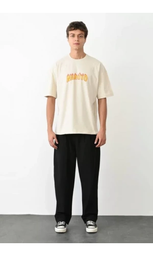 Unisex Bisiklet Yaka Baskılı Oversize T-Shirt - Beyaz