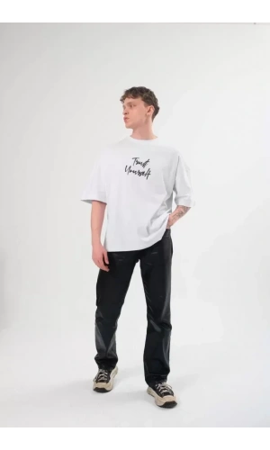 Unisex Bisiklet Yaka Baskılı Oversize T-Shirt - Beyaz