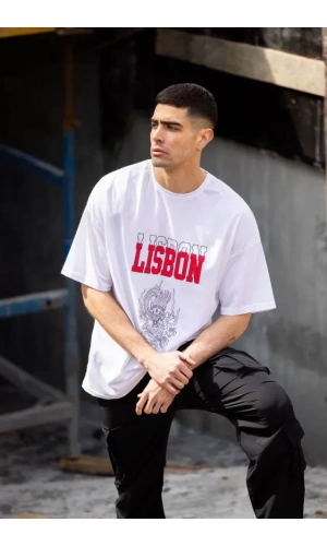 Unisex Bisiklet Yaka Baskılı Oversize T-Shirt - Beyaz