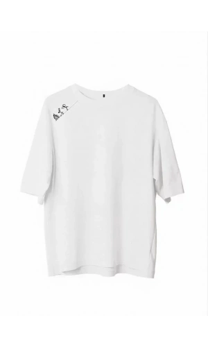 Unisex Bisiklet Yaka Baskılı Oversize T-Shirt - Beyaz