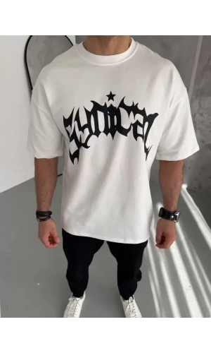 Unisex Bisiklet Yaka Baskılı Oversize T-Shirt - Beyaz