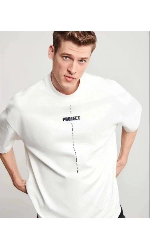 Unisex Bisiklet Yaka Baskılı Oversize T-Shirt - Beyaz