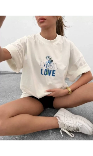 Unisex Bisiklet Yaka Baskılı Oversize T-Shirt - Beyaz