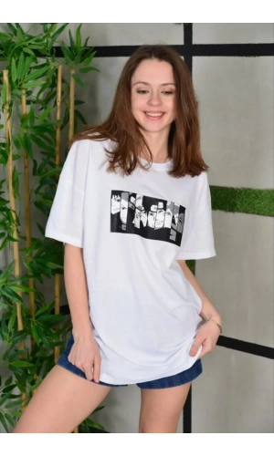 Unisex Bisiklet Yaka Baskılı Oversize T-Shirt - Beyaz