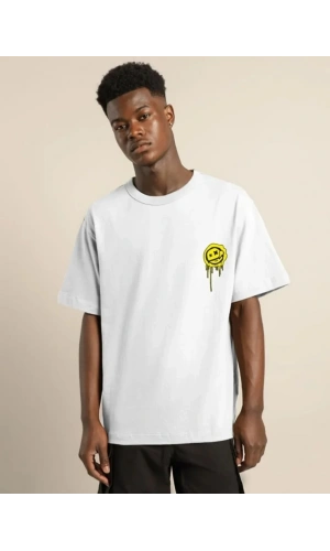 Unisex Bisiklet Yaka Baskılı Oversize T-Shirt - Beyaz