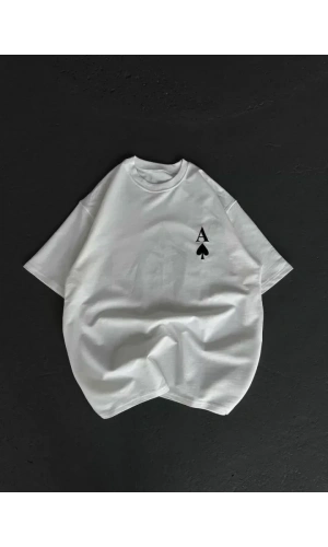 Unisex Bisiklet Yaka Baskılı Oversize T-Shirt - Beyaz