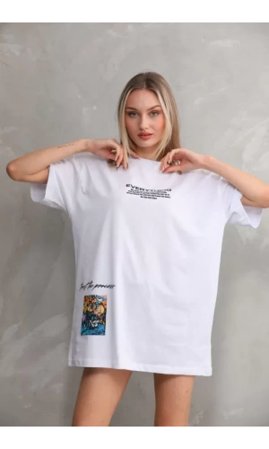 Unisex Bisiklet Yaka Baskılı Oversize T-Shirt - Beyaz