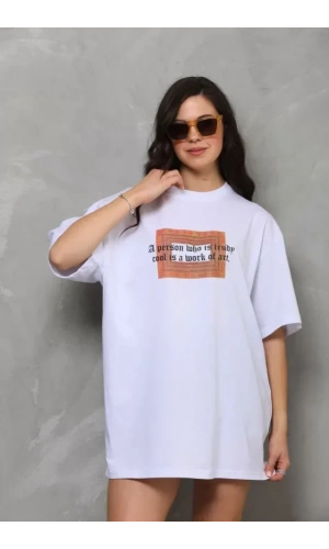Unisex Bisiklet Yaka Baskılı Oversize T-Shirt - Beyaz
