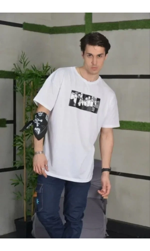 Unisex Bisiklet Yaka Baskılı Oversize T-Shirt - Beyaz