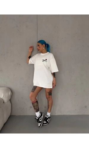 Unisex Bisiklet Yaka Baskılı Oversize T-Shirt - Beyaz