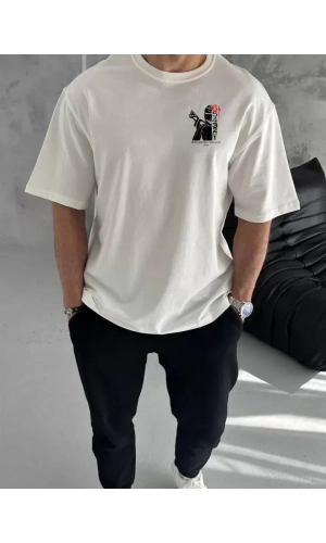 Unisex Bisiklet Yaka Baskılı Oversize T-Shirt - Beyaz