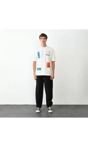 Unisex Bisiklet Yaka Baskılı Oversize T-Shirt - Beyaz