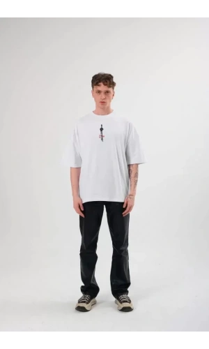 Unisex Bisiklet Yaka Baskılı Oversize T-Shirt - Beyaz